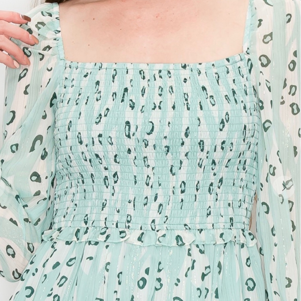 FEW LEFT❗️INA Gorgeous Chic Mint Sage Abstract Leopard Print Long Sleeves Dress - Picture 2 of 10